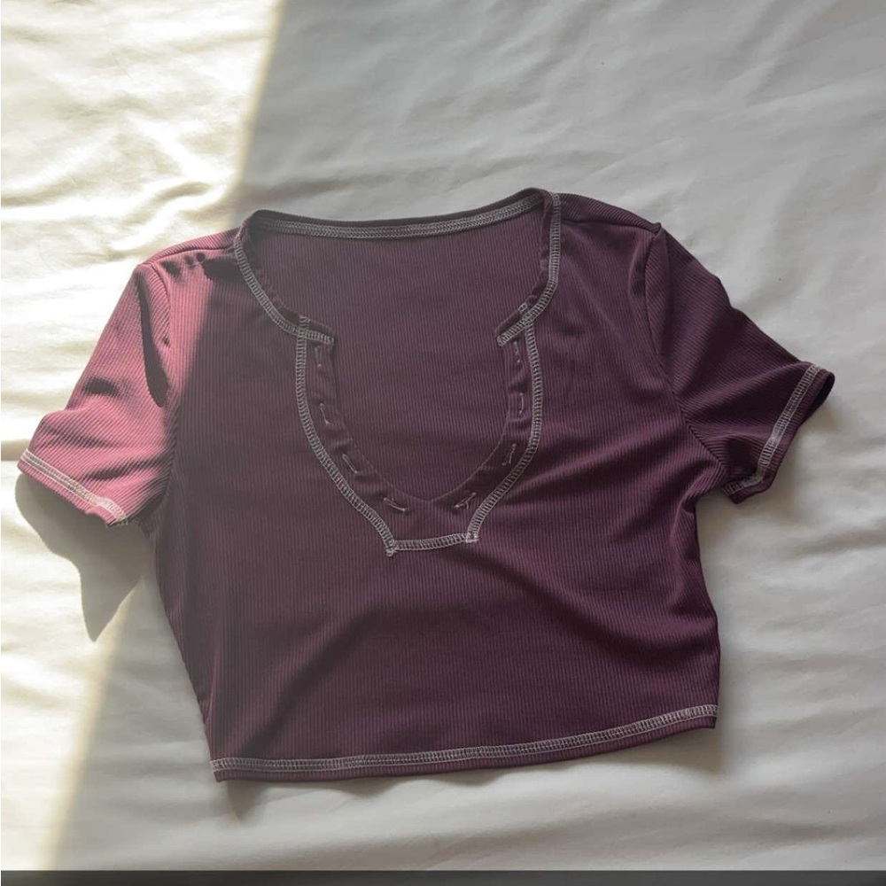 Purple Crop T-Shirt with Ruffled Short Sleeves